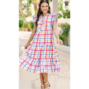 Entro Just A Dream pink gingham ruffle sleeve midi dress